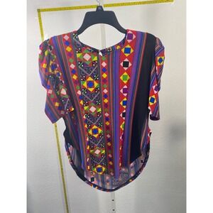 Yi Fang Geometric Print Puff Sleeve Blouse Multicolor Tribal Pattern XL